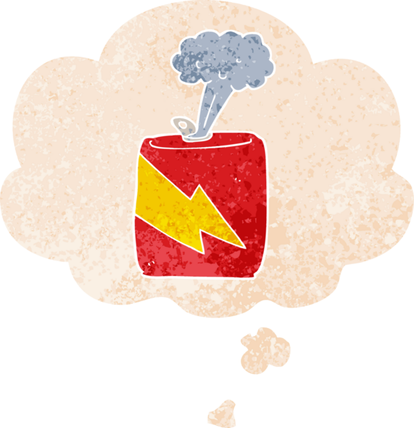 Düşünce baloncuğu ve grunge ile çizgi film soda kutusu bir insan tarafından çizilmiş sıkıntılı retro dokuma tarzı