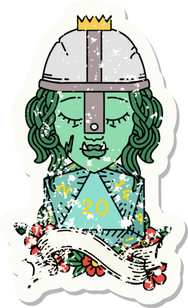 Bir insan tarafından çizilmiş 20 zarlı yarım ork dövüşçüsünün grunge sticker 'ı