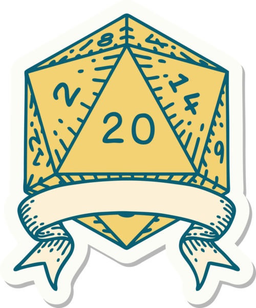 Bir insan tarafından çizilmiş 20 kritik vuruşluk D20 zar etiketi.