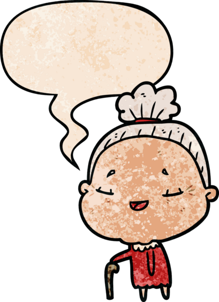 Elinde konuşma baloncuğu olan yaşlı kadın çizgi film karakteri bir insan tarafından çizilmiş.