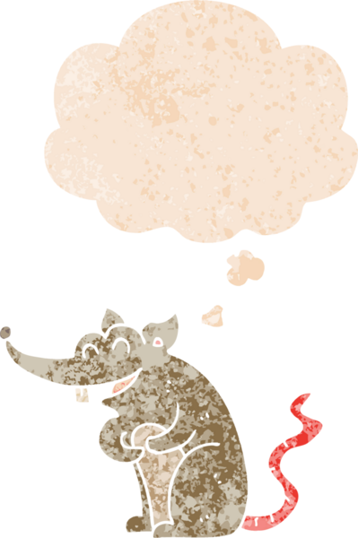 Düşünce baloncuğu ve grunge ile çizgi film faresi bir insan tarafından çizilmiş sıkıntılı retro dokuma tarzı