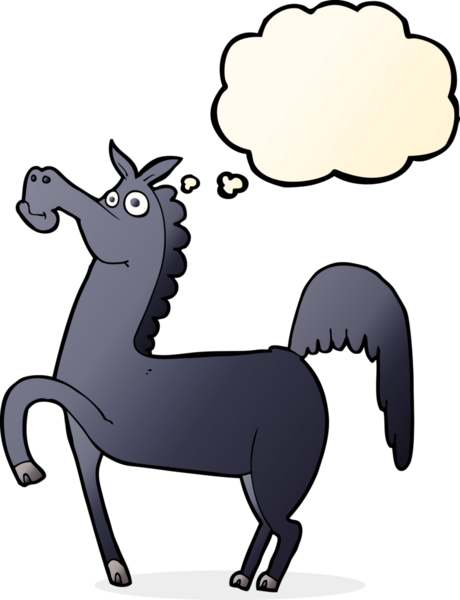 Bir insan tarafından çizilmiş düşünce baloncuklu komik bir at.