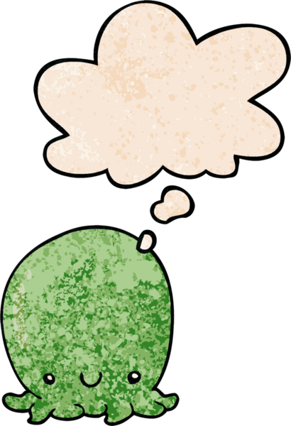 Bir insan tarafından çizilmiş grunge desenli düşünce baloncuğu olan sevimli ahtapot çizgi filmi.