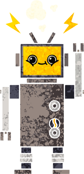 Bir insan tarafından çizilmiş mutlu bir robotun retro çizim tarzı karikatürü