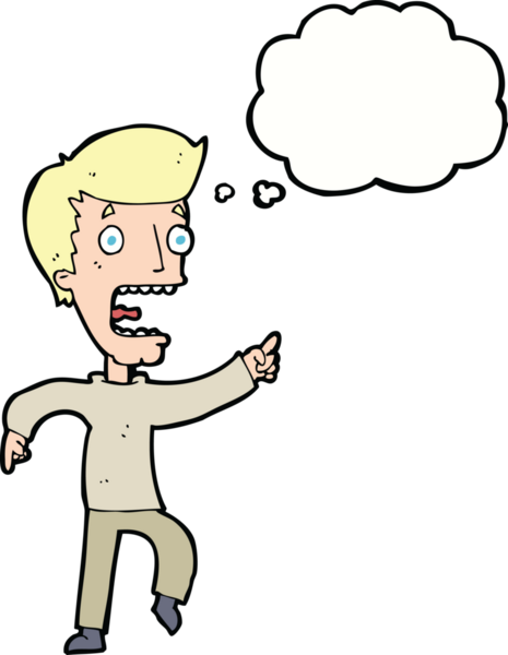 Bir insan tarafından çizilmiş düşünce baloncuğuyla dehşete düşmüş bir adam.