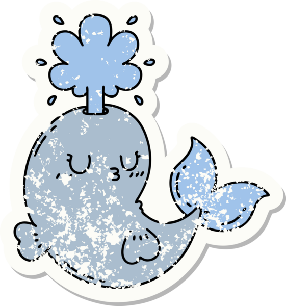 Dövme stili eski bir çıkartma. Bir insan tarafından çizilmiş mutlu, fışkırtan balina karakteri.