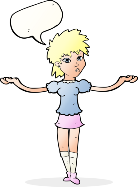 Bir insan tarafından çizilmiş konuşma baloncuğuyla omuz silken çizgi film kadını.