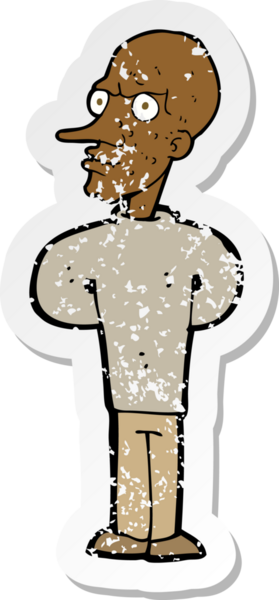 Bir insan tarafından çizilmiş kötü kel bir adamın retro sıkıntılı çıkartması.