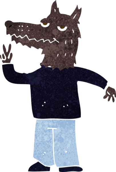 Bir insan tarafından çizilmiş mutlu kurt adam çizgi filmi.