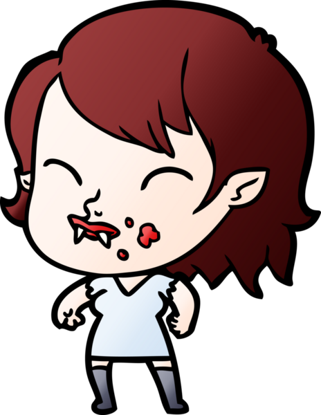 Bir insan tarafından çizilmiş yanağında kan olan vampir kız çizgi filmi.