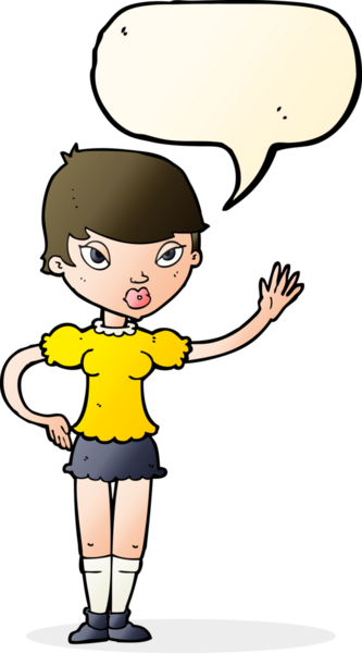 Bir insan tarafından çizilmiş bir konuşma balonuyla el sallayan çizgi film kadını.