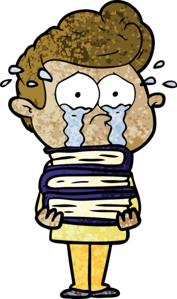 Bir insan tarafından çizilmiş kitap yığınıyla ağlayan bir karikatür öğrencisi