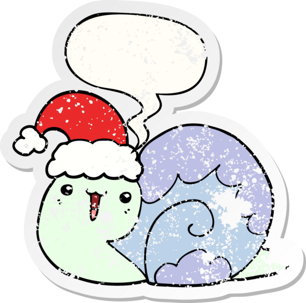 Tatlı çizgi film Noel salyangozu konuşma baloncuğu ile sıkıntılı eski bir çıkartma bir insan tarafından çizilmiş