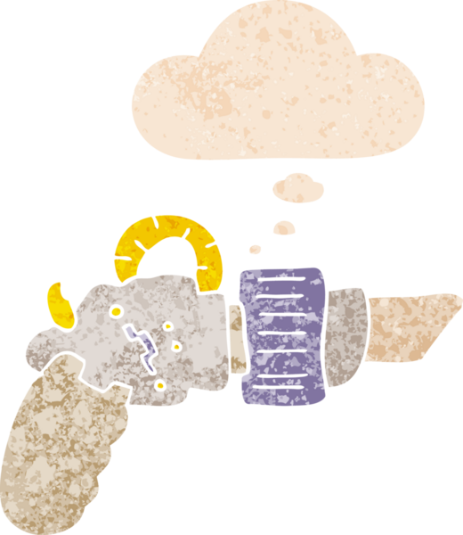 Düşünce baloncuklu karikatür ışın tabancası bir insan tarafından çizilmiş dertli retro desen tarzı