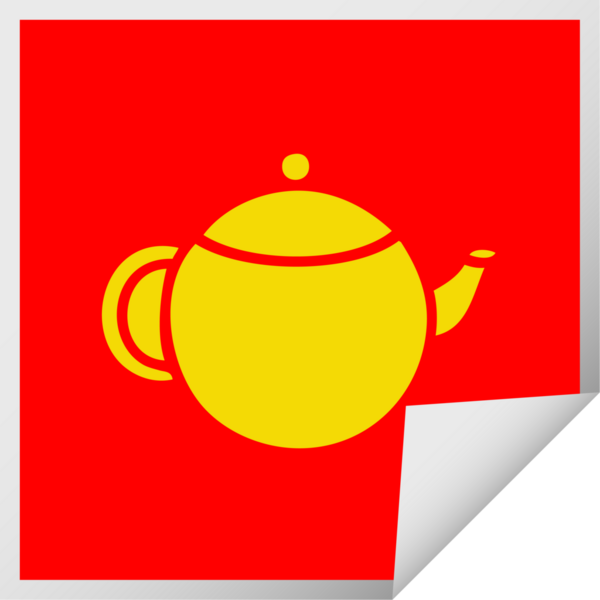 Bir insan tarafından çizilmiş kırmızı çay demliğinin kare soyma etiketi.