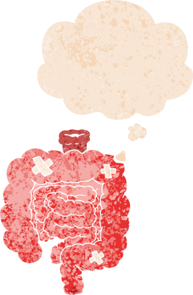 Çizgi film, bir insan tarafından çizilmiş dertli retro dokudaki düşünce baloncuklarıyla bağırsakları onardı.