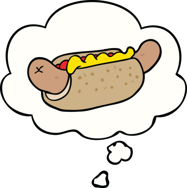 Bir insan tarafından çizilmiş düşünce balonlu sosisli sandviç.