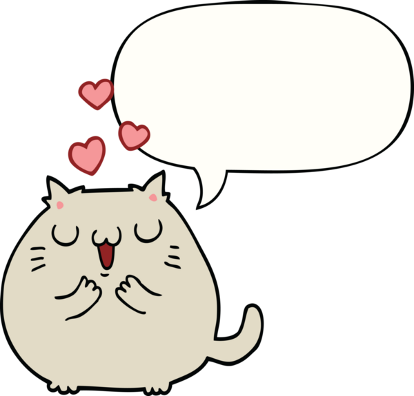 Bir insan tarafından çizilmiş konuşma baloncuğuna aşık sevimli çizgi film kedisi.