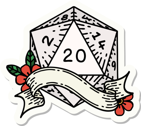 Bir insan tarafından çizilmiş 20 D20 zarının çıkartması.