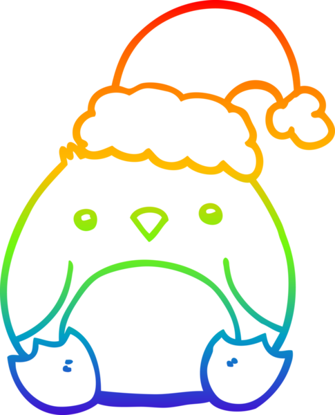 Gökkuşağı gradyan çizgisi bir insan tarafından çizilmiş Noel şapkası takan sevimli bir penguen çizimi