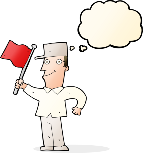 Bir insan tarafından çizilmiş düşünce balonuyla bayrak sallayan çizgi film adamı.