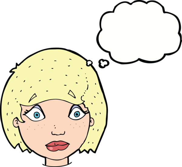 Bir insan tarafından çizilmiş düşünce kabarcığı olan endişeli kadın yüzü.