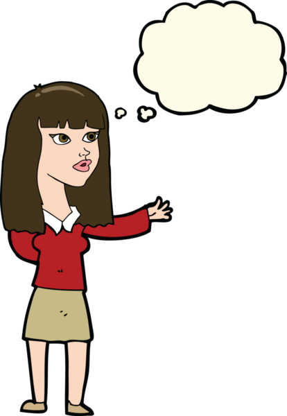 Bir insan tarafından çizilmiş düşünce baloncuğu olan bir şey göstermek isteyen bir karikatür kadını.