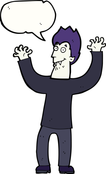 Bir insan tarafından çizilmiş konuşma balonlu cadılar bayramı vampiri çizgi filmi.