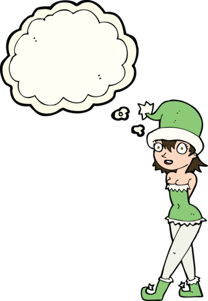 Bir insan tarafından çizilmiş düşünce baloncuğu olan noel elf kostümlü karikatür kadın.