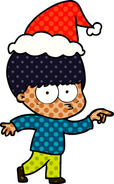 Bir insan tarafından çizilmiş Noel Baba şapkası takan bir çocuğun çizdiği çizgi roman çizimi.