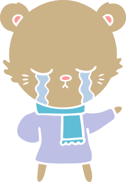 Ağlayan düz renkli çizgi film ayısı bir insan tarafından çizilmiş kışlık giysiler giyiyor.