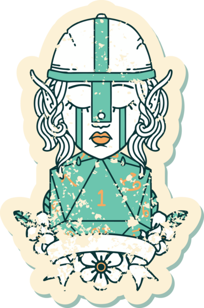 Retro Dövme Tarzı Ağlayan Elf Savaşçısı karakteri yüzü ve bir insan tarafından çizilmiş D20 rulosu.