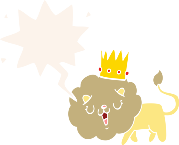 Bir insan tarafından çizilmiş, konuşma baloncuğu olan, taç takan çizgi film aslanı.