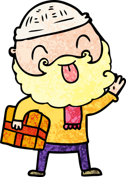 Sakallı bir adam bir insan tarafından çizilmiş Noel hediyesini taşıyor.