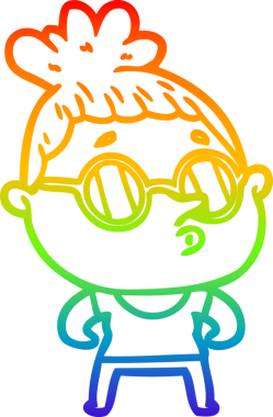 Gökkuşağı gradyan çizgi çizimi bir insan tarafından çizilmiş gözlük takan bir kadın.