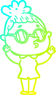 Bir insan tarafından çizilmiş gözlük takan çizgi film kadını çizimi.