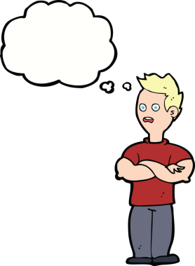 Bir insan tarafından çizilmiş düşünce balonlu çapraz kollu çizgi film adamı.