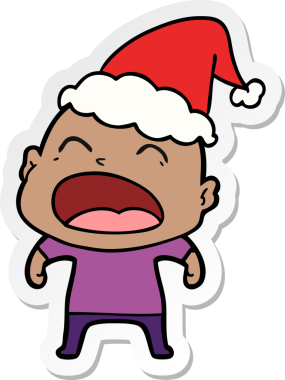 Bir insan tarafından çizilmiş Noel Baba şapkası giymiş bağıran kel bir adamın el yazısı.