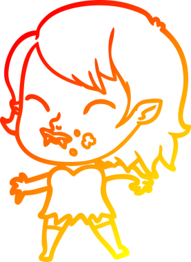 Bir insan tarafından çizilmiş yanağında kan olan vampir bir kızın çizgi film çizimi.