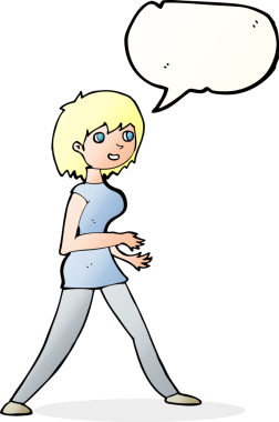 Bir insan tarafından çizilmiş bir konuşma balonuyla yürüyen bir karikatür kadını.