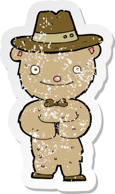 Bir insan tarafından çizilmiş şapkalı çizgi film ayısının gerilimli çıkartması.