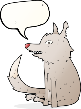 Bir insan tarafından çizilmiş konuşma baloncuğuyla oturan bir kurt.