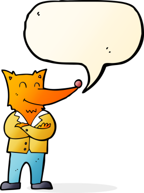 Bir insan tarafından çizilmiş konuşma balonu olan tişörtlü bir tilki.