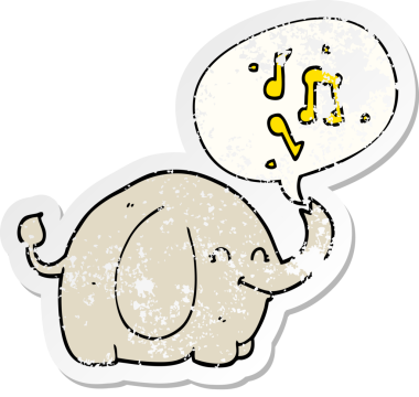 Bir insan tarafından çizilmiş, kederli, yaşlı bir çıkartma, konuşma balonlu bir fil gibi borazan çalıyor.