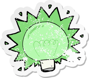 Bir insan tarafından çizilmiş yeşil ampulün yanıp sönen bir çizgi film çıkartması.