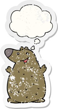 Düşünce baloncuğu ile çizgi film mutlu ayı bir insan tarafından çizilmiş yıpranmış bir çıkartma gibi