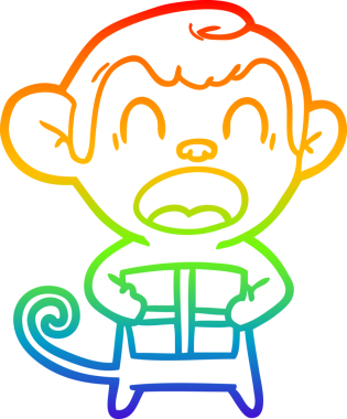 Bir insan tarafından çizilmiş Noel hediyesi taşıyan bağıran çizgi film maymunu çizimi.