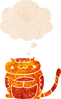 Düşünce baloncuklu sevimli çizgi film kedisi grunge sıkıntılı retro desen bir insan tarafından çizilmiş