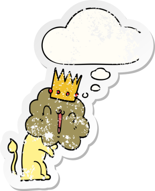 Düşünce baloncuklu taç takan çizgi film aslanı insan tarafından çizilmiş yıpranmış bir çıkartma gibi.