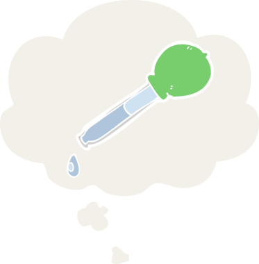 Düşünce baloncuğu olan çizgi film pipeti insan tarafından çizilmiş.